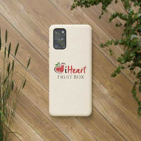 A iHeartFruitBox Biodegradable Phone Case with the word heart on it, featuring a tropical fruit design. (Printify)