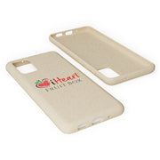 A beige phone case with the word heart on it, perfect for the fruit lover in you - the iHeartFruitBox Biodegradable Phone Case by Printify.