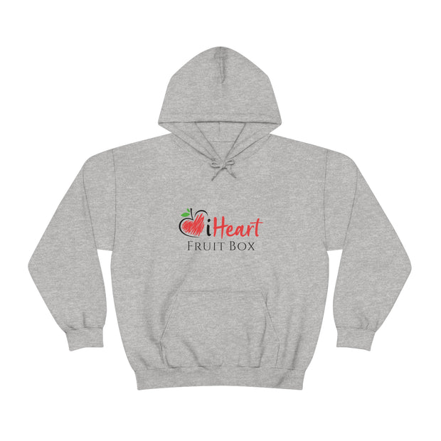 A grey iHeartFruitBox Unisex Heavy Blend™ Hoodie with the word heart on it from Printify.