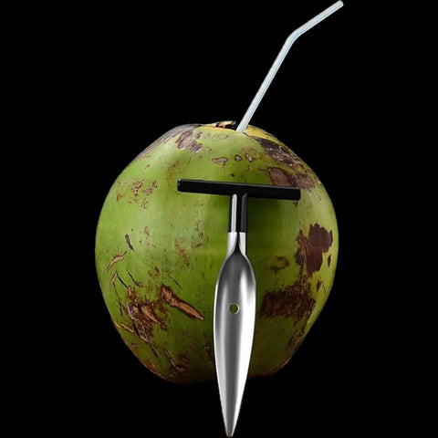 A refreshing iHeartFruitBox Coconut Punch Tool with a straw and a tube, perfect for enjoying the tropical fruit inside.